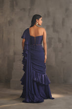 Load image into Gallery viewer, Navy blue embroidered bustier and drape saree
