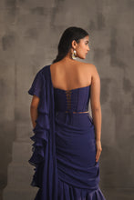 Load image into Gallery viewer, Navy blue embroidered bustier and drape saree
