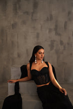 Load image into Gallery viewer, Black embroidered corset and drape saree
