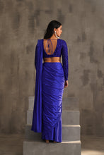 Load image into Gallery viewer, Royal blue embroidered blouse and drape lycra saree
