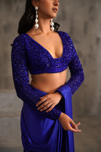 Load image into Gallery viewer, Royal blue embroidered blouse and drape lycra saree
