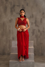 Load image into Gallery viewer, Red embroidered blouse and dhoti skirt, choker dupatta
