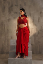 Load image into Gallery viewer, Red embroidered blouse and dhoti skirt, choker dupatta
