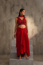 Load image into Gallery viewer, Red embroidered blouse and dhoti skirt, choker dupatta
