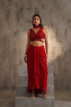 Load image into Gallery viewer, Red embroidered blouse and dhoti skirt, choker dupatta
