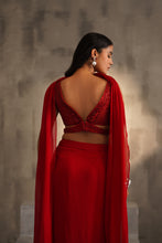 Load image into Gallery viewer, Red embroidered blouse and dhoti skirt, choker dupatta
