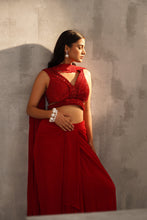 Load image into Gallery viewer, Red embroidered blouse and dhoti skirt, choker dupatta
