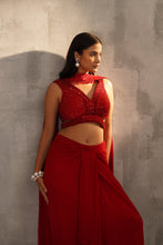 Load image into Gallery viewer, Red embroidered blouse and dhoti skirt, choker dupatta
