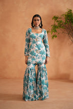 Load image into Gallery viewer, Teal blue and white printed kurti, garara and dupatta
