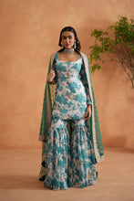 Load image into Gallery viewer, Teal blue and white printed kurti, garara and dupatta
