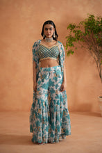 Load image into Gallery viewer, Teal blue mirror blouse, printed garara and cape
