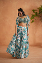 Load image into Gallery viewer, Teal blue mirror blouse, printed garara and cape
