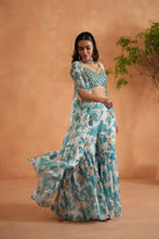 Load image into Gallery viewer, Teal blue mirror blouse, printed garara and cape
