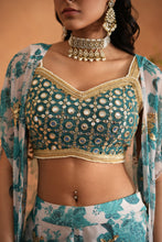 Load image into Gallery viewer, Teal blue mirror blouse, printed garara and cape

