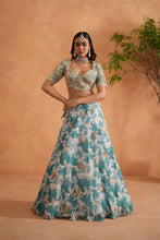 Load image into Gallery viewer, Teal blue mirror embroidery blouse, printed lehanga and dupatta
