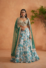 Load image into Gallery viewer, Teal blue mirror embroidery blouse, printed lehanga and dupatta
