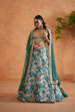 Load image into Gallery viewer, Teal blue mirror embroidery blouse, printed lehanga and dupatta
