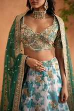Load image into Gallery viewer, Teal blue mirror embroidery blouse, printed lehanga and dupatta

