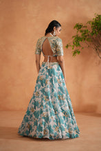 Load image into Gallery viewer, Teal blue mirror embroidery blouse, printed lehanga and dupatta
