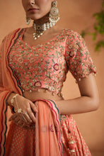 Load image into Gallery viewer, Coral embroidery blouse, Brocade lehnaga and dupatta
