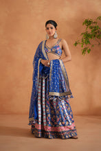 Load image into Gallery viewer, Blue printed and embroidered blouse, lehenga and dupatta
