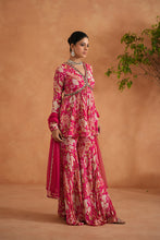 Load image into Gallery viewer, Fuchsia embroidered peplum kurti, garara and dupatta
