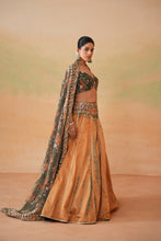 Load image into Gallery viewer, Olive green printed blouse, tie and dye lehenga and printed dupatta
