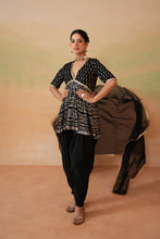Load image into Gallery viewer, Black embroidery fabric Peplum kurti, Dhoti salwar and dupatta
