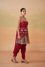 Load image into Gallery viewer, Maroon embroidery fabric peplum kurti, tulip salwar and choker dupatta
