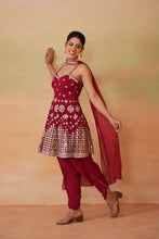 Load image into Gallery viewer, Maroon embroidery fabric peplum kurti, tulip salwar and choker dupatta
