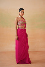 Load image into Gallery viewer, Fuchsia embroidered blouse, drape saree and belt
