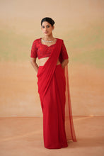 Load image into Gallery viewer, Red embroidered blouse and stitched saree set
