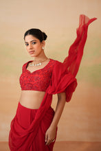 Load image into Gallery viewer, Red embroidered blouse and stitched saree set
