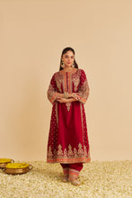 Load image into Gallery viewer, Zoya - Dabka Zardozi Embroidered Rich Banarasi Kalidaar Deep Red Long Chauga Set
