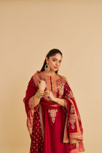 Load image into Gallery viewer, Zoya - Dabka Zardozi Embroidered Rich Banarasi Kalidaar Deep Red Long Chauga Set
