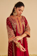Load image into Gallery viewer, Zoya - Dabka Zardozi Embroidered Rich Banarasi Kalidaar Deep Red Long Chauga Set
