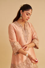 Load image into Gallery viewer, Areeba - Dabka Zardozi Embroidered Pure Banarasi Off Rose Short Kurta &amp; Salwar with Dupatta
