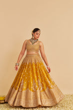 Load image into Gallery viewer, Aashina  - Dabka Zardozi Embroidered Pure Tissue Mustard Lehenga Set
