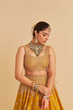 Load image into Gallery viewer, Aashina  - Dabka Zardozi Embroidered Pure Tissue Mustard Lehenga Set
