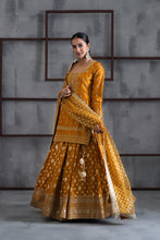 Load image into Gallery viewer, Mustard embroidered kurti, brocade lehenga and dupatta
