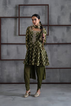 Load image into Gallery viewer, Olive green peplum, tulip salwar and Choker dupatta

