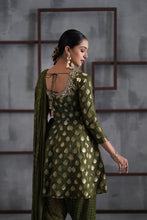 Load image into Gallery viewer, Olive green peplum, tulip salwar and Choker dupatta
