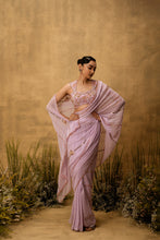 Load image into Gallery viewer, Lilac georgette Pre-stitched hand embroidered Georgette saree set

