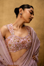 Load image into Gallery viewer, Lilac georgette Pre-stitched hand embroidered Georgette saree set
