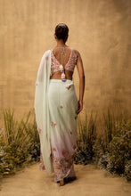 Load image into Gallery viewer, Pastel mint green lilac ombré Pre-stitched hand embroidered organza saree set
