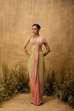 Load image into Gallery viewer, Pastel green &amp; pink ombre Pre-stitched hand embroidered georgette saree set

