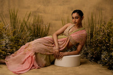 Load image into Gallery viewer, Pastel green &amp; pink ombre Pre-stitched hand embroidered georgette saree set
