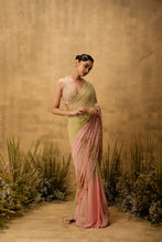 Load image into Gallery viewer, Pastel green &amp; pink ombre Pre-stitched hand embroidered georgette saree set
