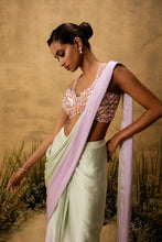 Load image into Gallery viewer, Mint green &amp; lilac ombre pre-draped modal satin saree with embroidered blouse
