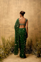 Load image into Gallery viewer, Emerald green Pre-stitched hand embroidered georgette saree set
